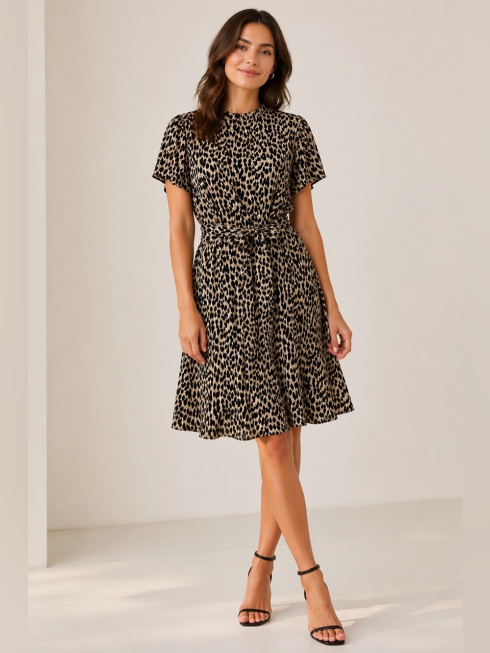 LOFT Leopard Print Short Sleeve Belted Dress Women’s Size M 100% Polyester Lined
